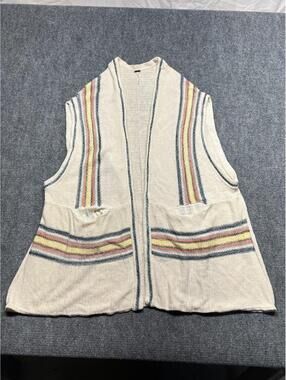 Free People Linen Cotton Knit Vest Womens M/L Striped Open Front Cardigan Pocket